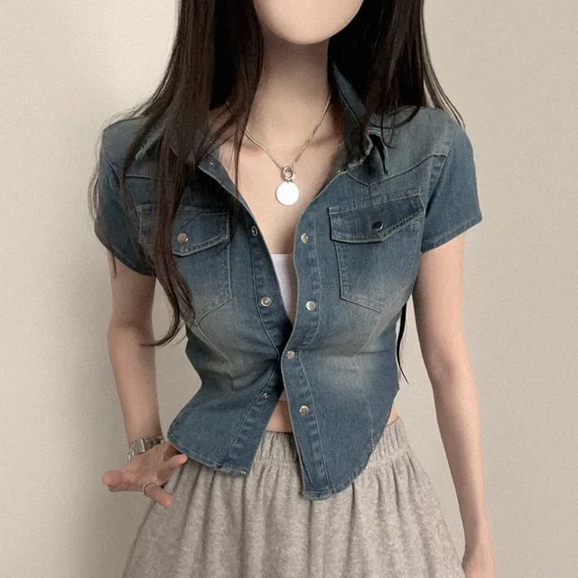 Bolgivy-Short-Sleeve Washed Button-Up Denim Jacket