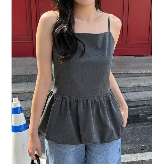 Bolgivy-Square Neck Plain Bubble Hem Peplum Camisole Top