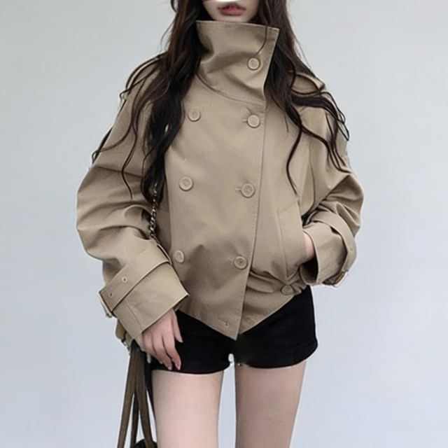 Bolgivy-Stand Collar Double-Breasted Plain Crop Trench Jacket