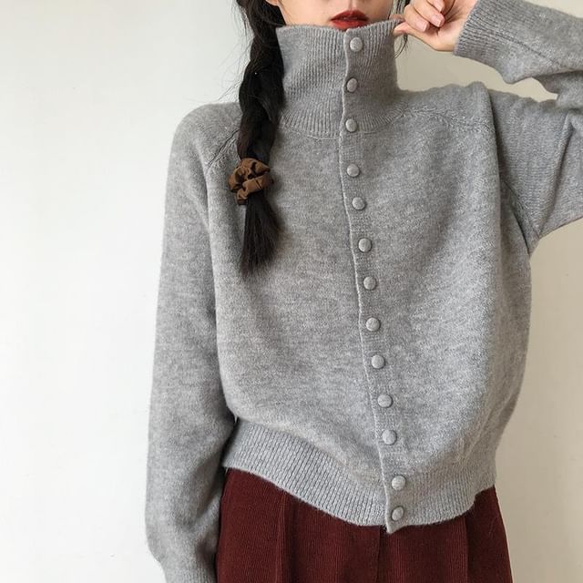 Bolgivy-Stand Collar Plain Button Up Cardigan