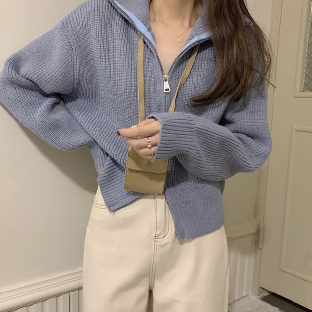 Bolgivy-Stand Collar Plain Ribbed Zip Cardigan