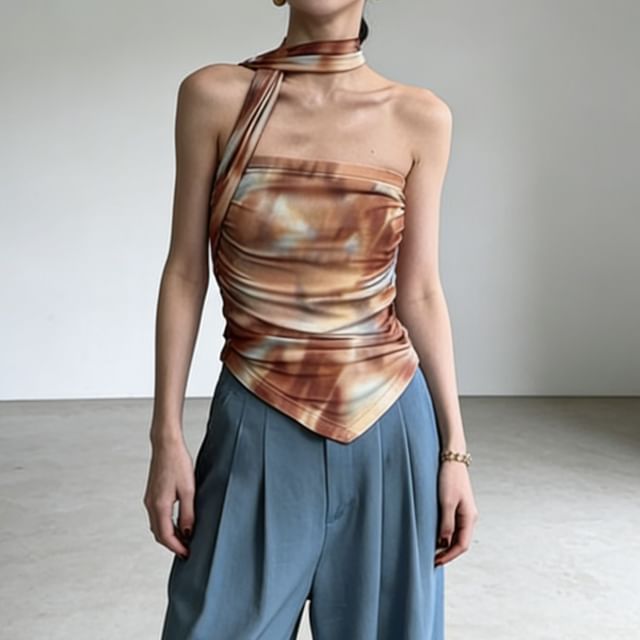 Bolgivy-Strapless Tie Dye Asymmetrical Crop Top
