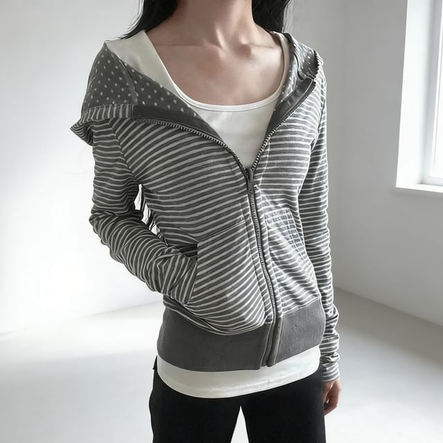 Bolgivy-Striped Dotted Zip Hoodie