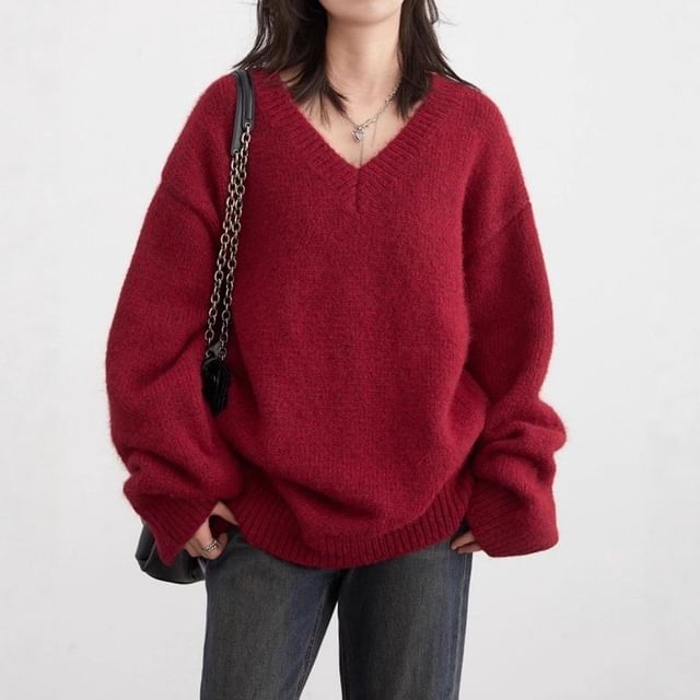 Bolgivy-V-Neck Drop Shoulder Plain Oversized Sweater
