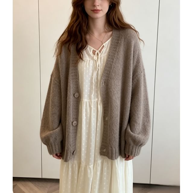 Bolgivy-V-Neck Plain Button Up Cardigan