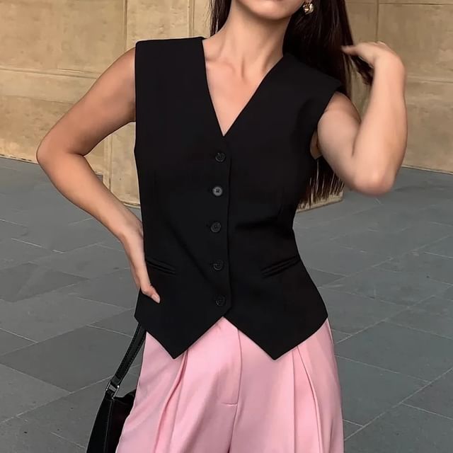 Bolgivy-V-Neck Plain Button Vest