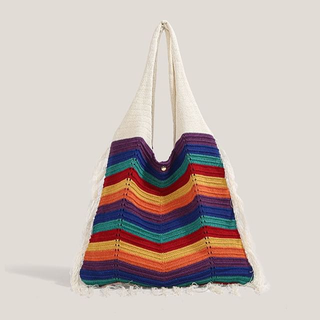 Bolso-Frayed Striped Rainbow Tote Bag