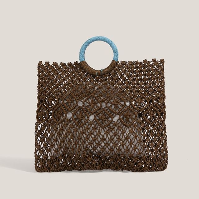 Bolso-Set Contrast Handle Woven Tote Bag Drawstring Pouch