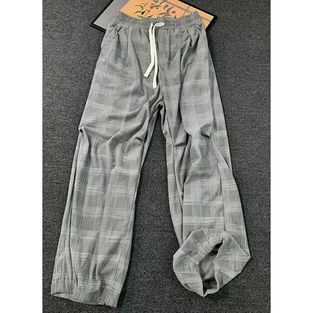 Breeson-Drawstring Waist Plaid Wide Leg Pants