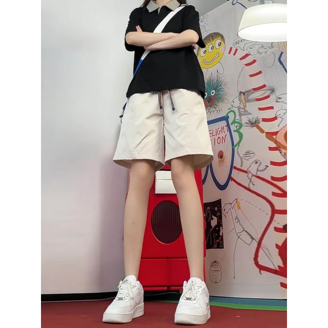 Breeson-Drawstring Waist Plain Wide Leg Shorts
