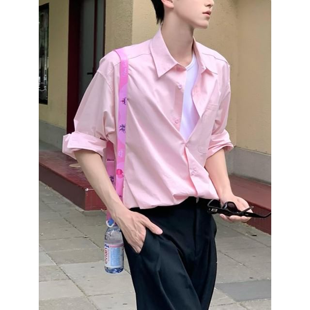 Breeson-Long-Sleeve Button-Up Plain Shirt