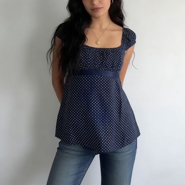 BrickBlack-Cap Sleeve Scoop Neck Dotted A-Line Top
