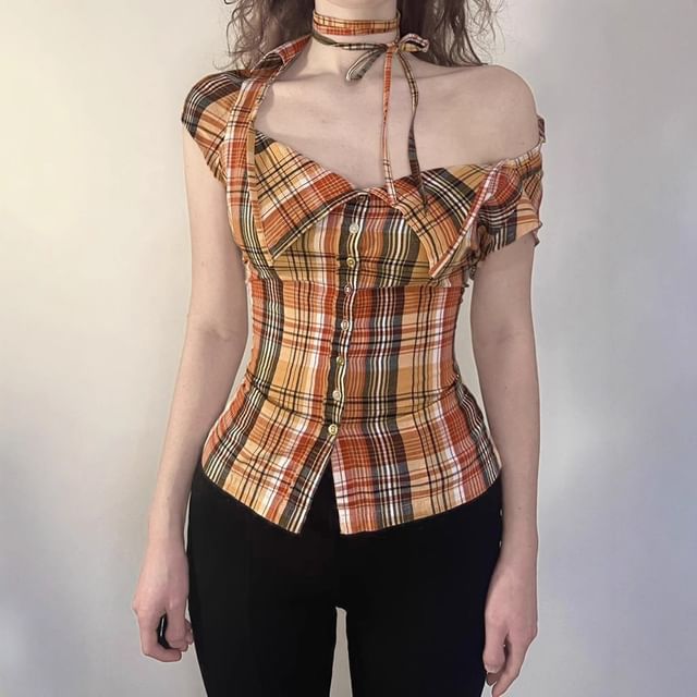 BrickBlack-Cap Sleeve V-Neck Plaid Button Top