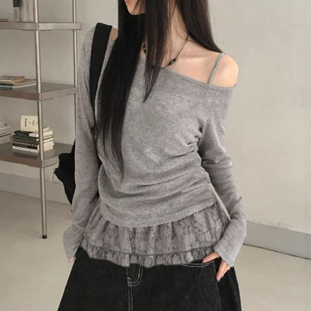BrickBlack-Cold-Shoulder Long-Sleeve Lace Ruffle Knit Top