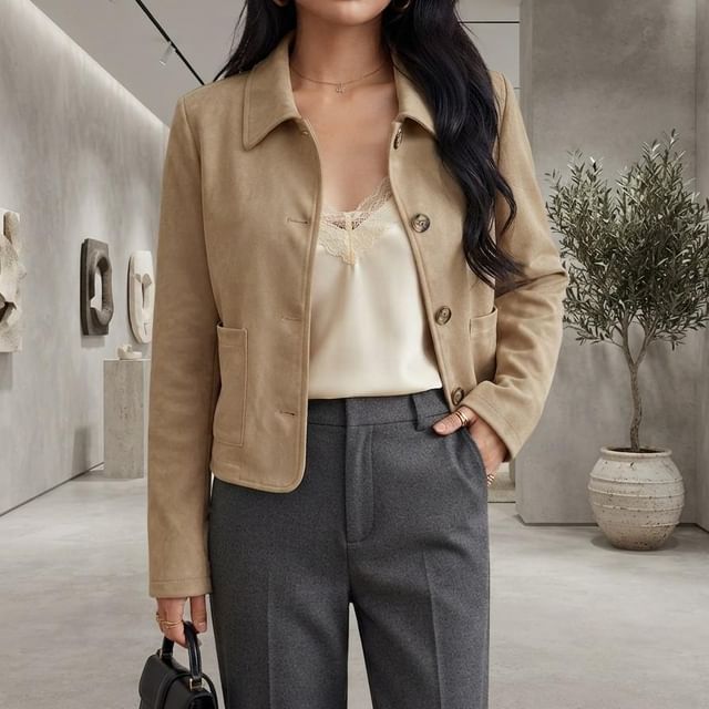 BrickBlack-Collared button-Up Plain Barn Jacket