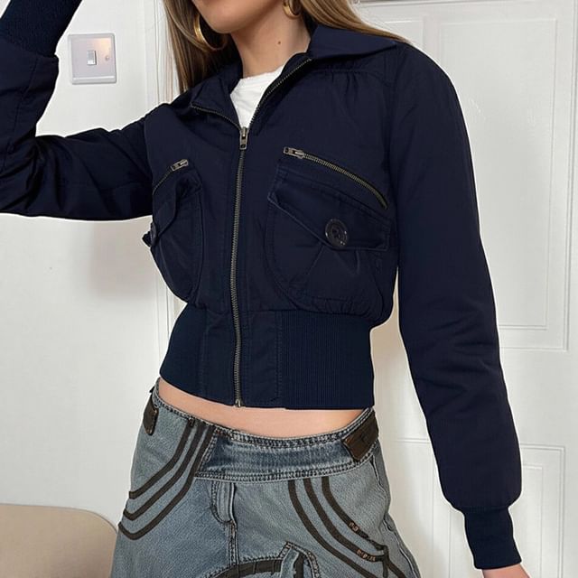 BrickBlack-Collared Plain Zip Cargo Jacket