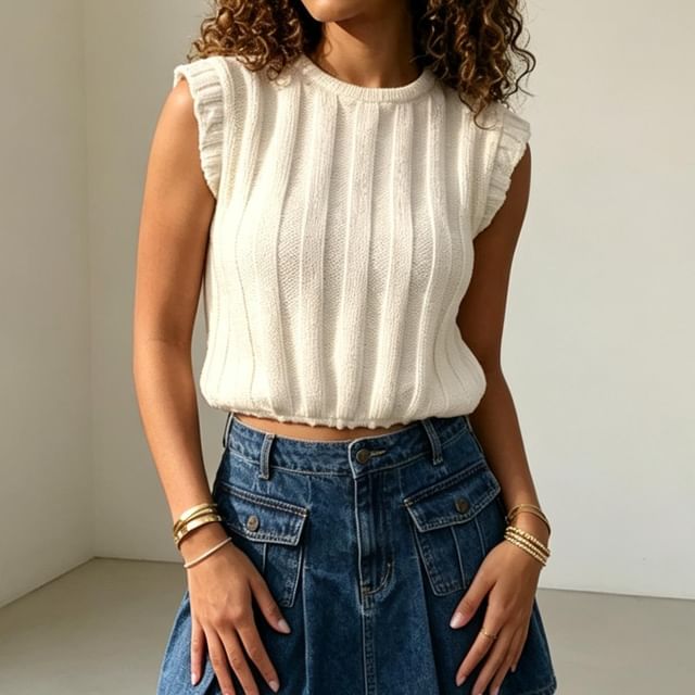 BrickBlack-Crew Neck Plain Drawstring Ribbed Cropped Knit Sweater Vest