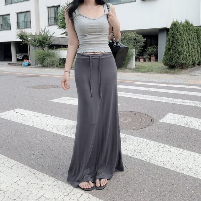 BrickBlack-Drawstring Waist Plain Maxi Mermaid Skirt