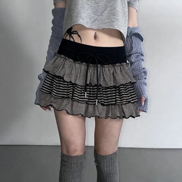 BrickBlack-Drawstring Waist Striped Mini Tiered Skirt