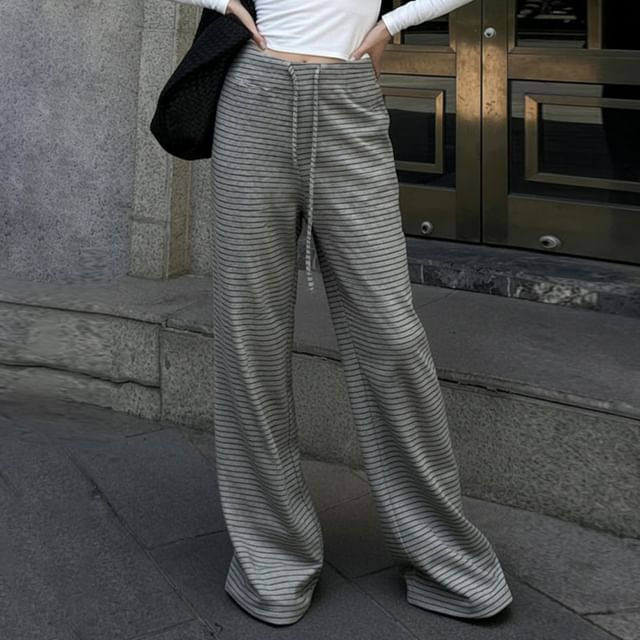 BrickBlack-Drawstring Waist Striped Wide Leg Pants
