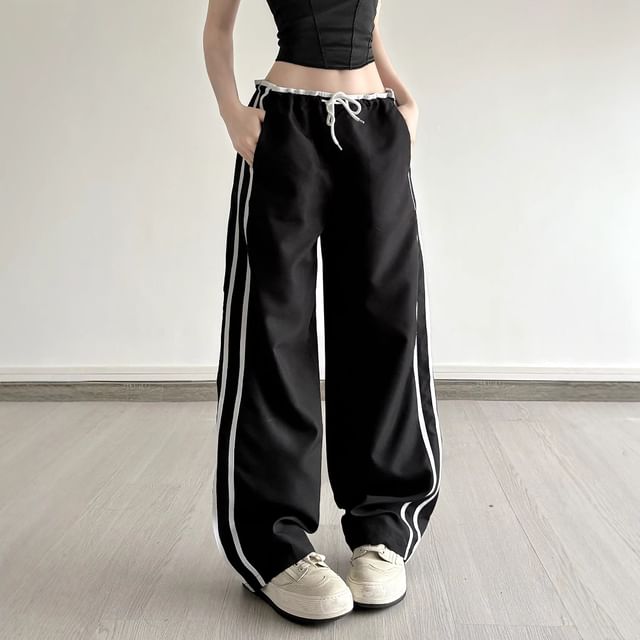 BrickBlack-Drawstring Waist Striped Wide Leg Pants