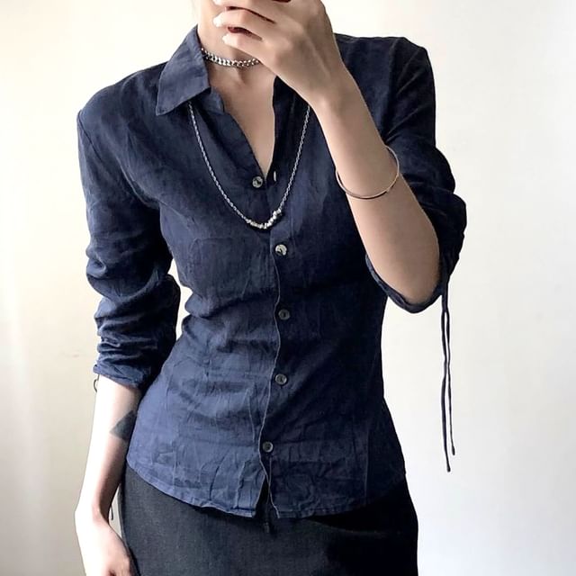 BrickBlack-Elbow Sleeve Collared Plain Drawstring Shirt