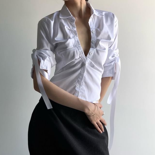 BrickBlack-Elbow Sleeve Collared Plain Ruched Tie-Up Shirt