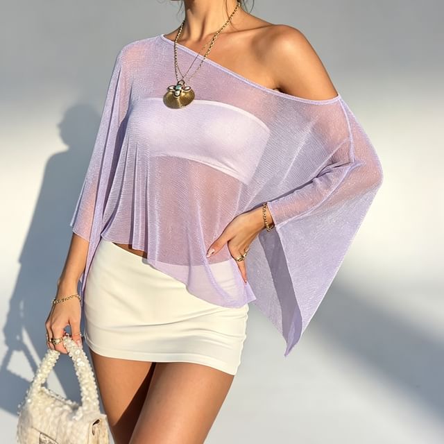 BrickBlack-Flared-Sleeve One-Shoulder Glitter Asymmetrical Sheer Top