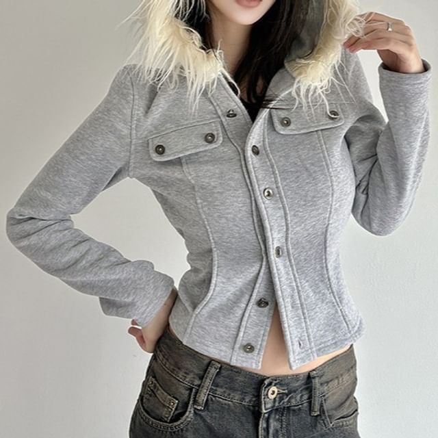 BrickBlack-Furry Trim Button-Up Hooded Crop Jacket