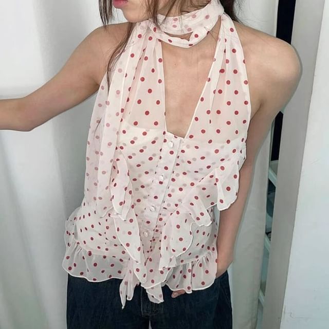 BrickBlack-Halter V-Neck Dotted Ruffle Trim Button-Up Open Back Mesh Crop Top