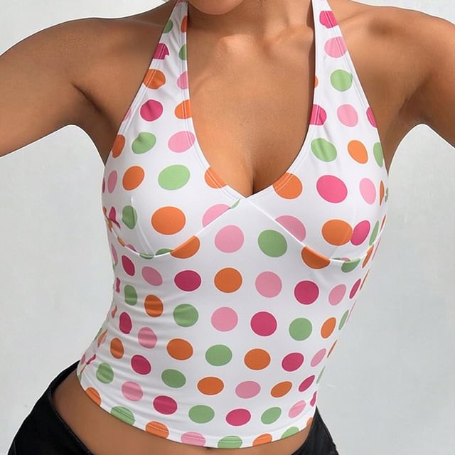 BrickBlack-Halter V-Neck Polka Dot Crop Tank Top
