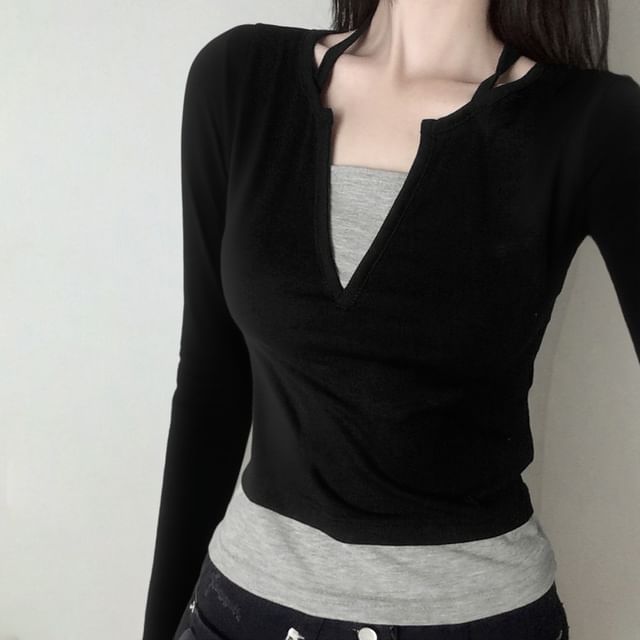 BrickBlack-Long Sleeve Halter Mock Two Piece Top