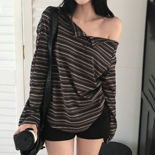 BrickBlack-Long Sleeve Henley Striped Top