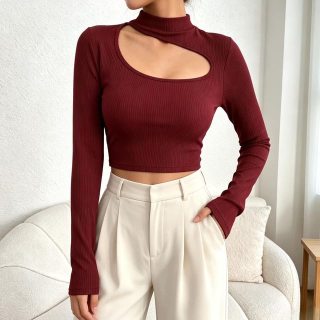 BrickBlack-Long-Sleeve Mock Neck Cutout Ribbed Plain Crop Top