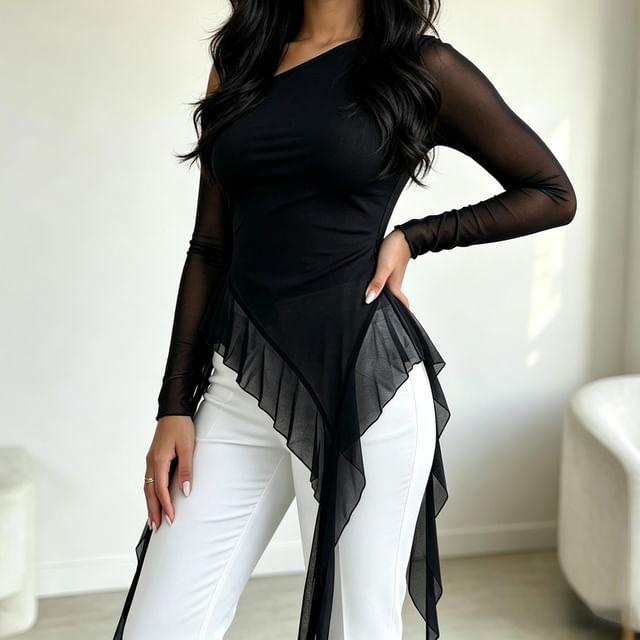 BrickBlack-Long-Sleeve One-Shoulder Plain Ruffle Asymmetrical Sheer Top