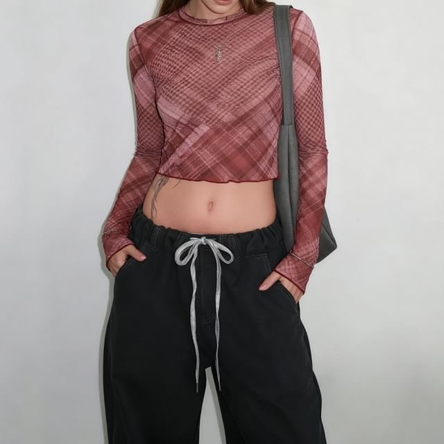 BrickBlack-Long-Sleeve Round Neck Plaid Mesh Crop Top