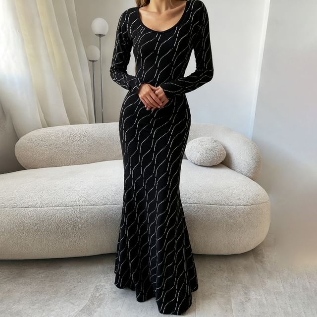 BrickBlack-Long-Sleeve U-Neck Sequin Maxi Sheath Dress