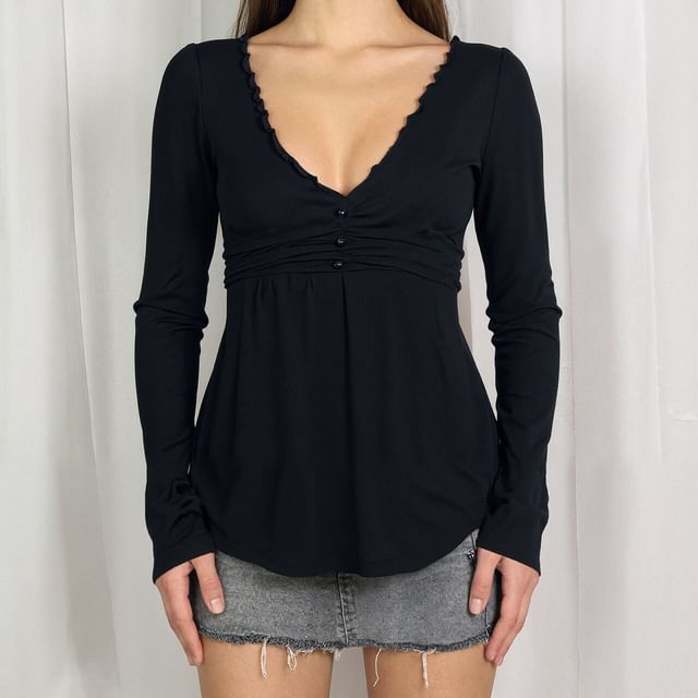 BrickBlack-Long Sleeve V-Neck Plain Frill Button Tie-Back Top