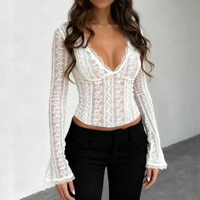 BrickBlack-Long-Sleeve V-Neck Plain Lace Crop Top