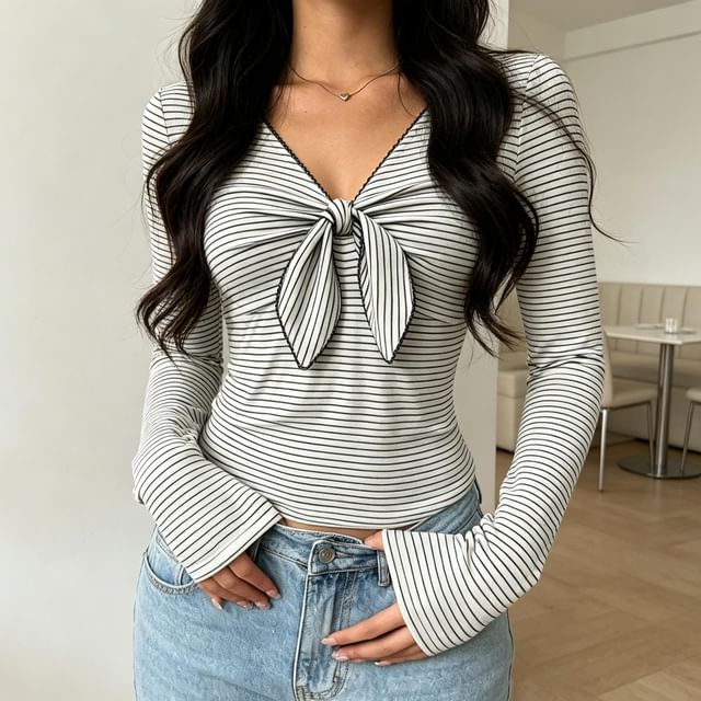 BrickBlack-Long Sleeve V-Neck Tie-Front Striped Top