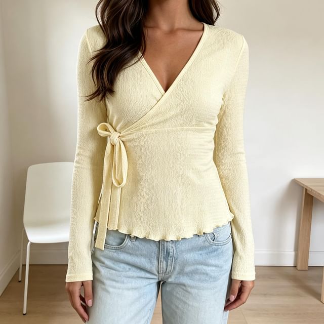 BrickBlack-Long-Sleeve V-Neck Wrapped Plain Shirred Top