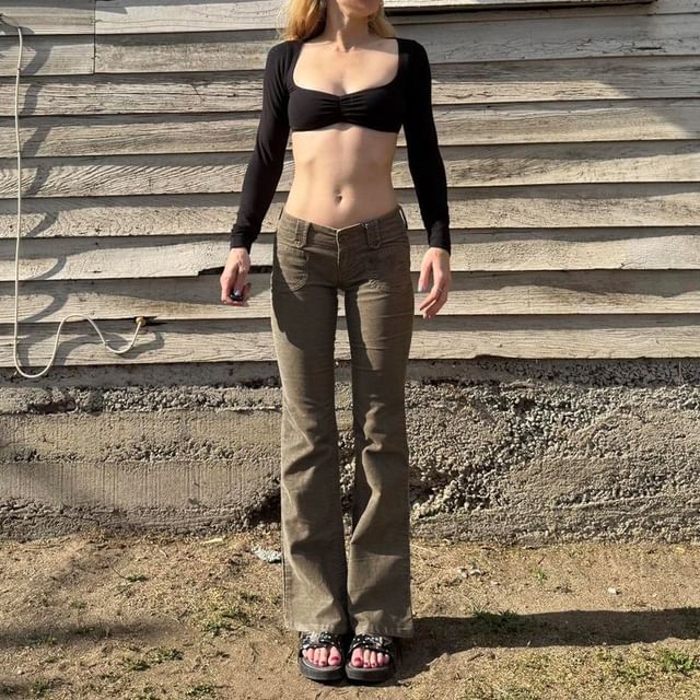 BrickBlack-Low Rise Plain Corduroy Bootcut Pants