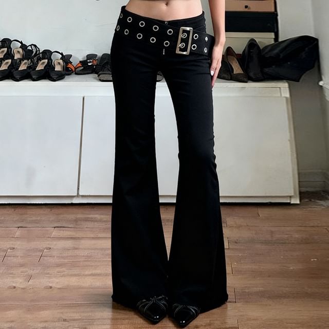 BrickBlack-Low Rise Plain Grommet Belted Flared Jeans