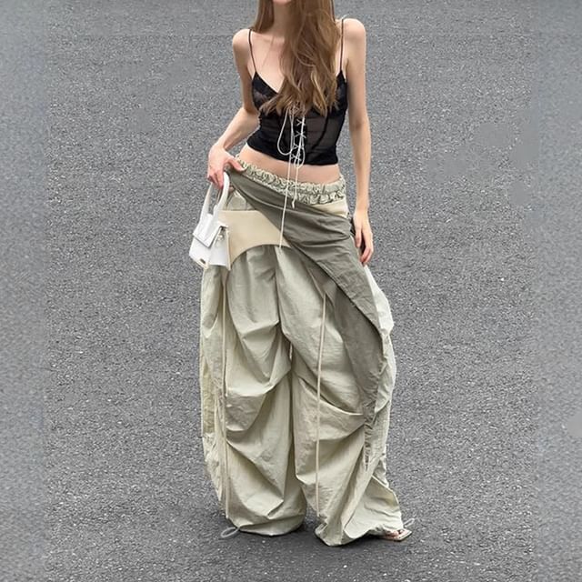 BrickBlack-Low Rise Plain Ruffled Paneled Baggy Pants
