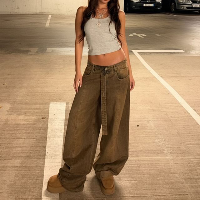 BrickBlack-Low Rise Plain Washed Baggy Jeans