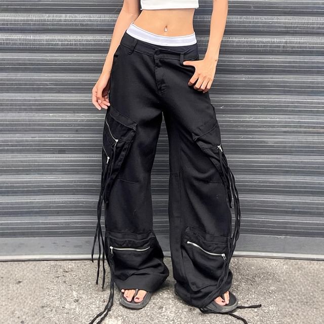 BrickBlack-Low Waist Plain Drawstring Wide Leg Cargo Jeans