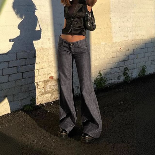 BrickBlack-Low Waist Plain Flared Pants