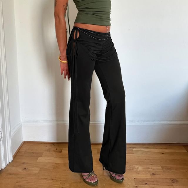 BrickBlack-Low Waist Plain Tie-Up Panel Bootcut Pants