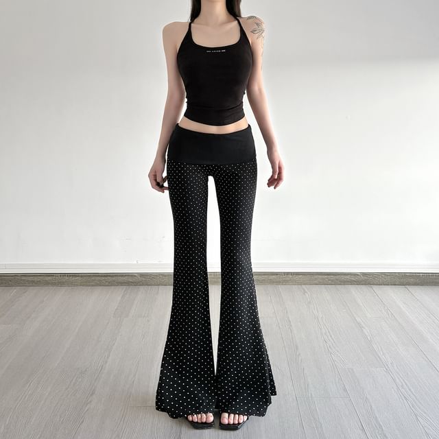BrickBlack-Mid Rise Dotted Panel Flared Pants