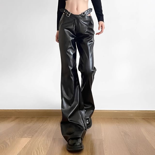BrickBlack-Mid Rise Faux Leather Flared Pants